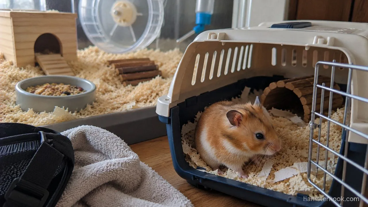 Hamster resting in a secure travel carrier with familiar bedding for a safe car ride